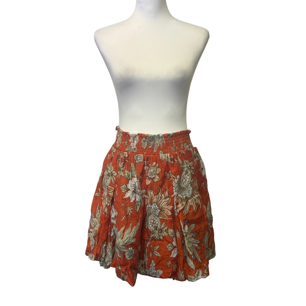 BURU skirt red floral smocked waist 100% cotton womens large